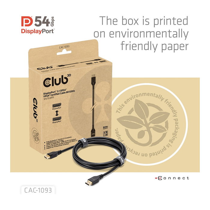 Club 3D Cable DisplayPort 2.1 CAC-1093 DP54 Certificado 3m 8K 120Hz, 7680 x 4320, 54 Gbit/s, Macho a Macho