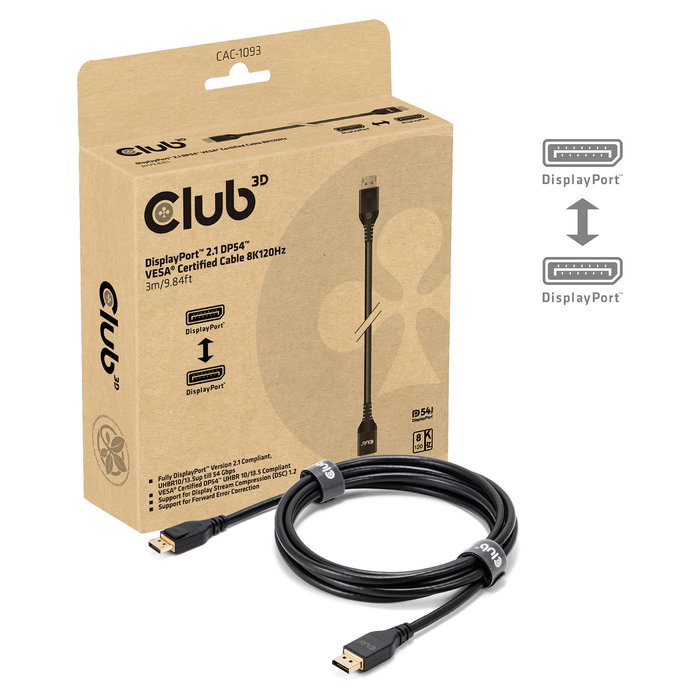 Club 3D Cable DisplayPort 2.1 CAC-1093 DP54 Certificado 3m 8K 120Hz, 7680 x 4320, 54 Gbit/s, Macho a Macho