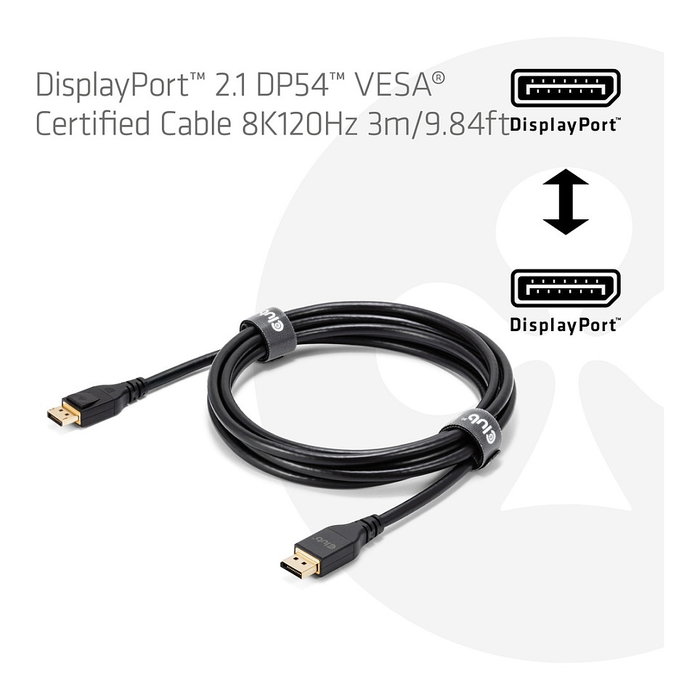 Club 3D Cable DisplayPort 2.1 CAC-1093 DP54 Certificado 3m 8K 120Hz, 7680 x 4320, 54 Gbit/s, Macho a Macho