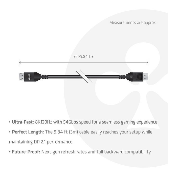 Club 3D Cable DisplayPort 2.1 CAC-1093 DP54 Certificado 3m 8K 120Hz, 7680 x 4320, 54 Gbit/s, Macho a Macho