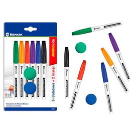 Bismark Set de 6 Rotuladores para Pizarra Blanca, Colores Surtidos (Verde, Rojo, Azul, Negro, Naranja, Morado) + 2 Imanes