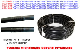PLUVIA Tubo de riego con gotero integrado 16 mm x 100 m (2 L/H, 33 cm)