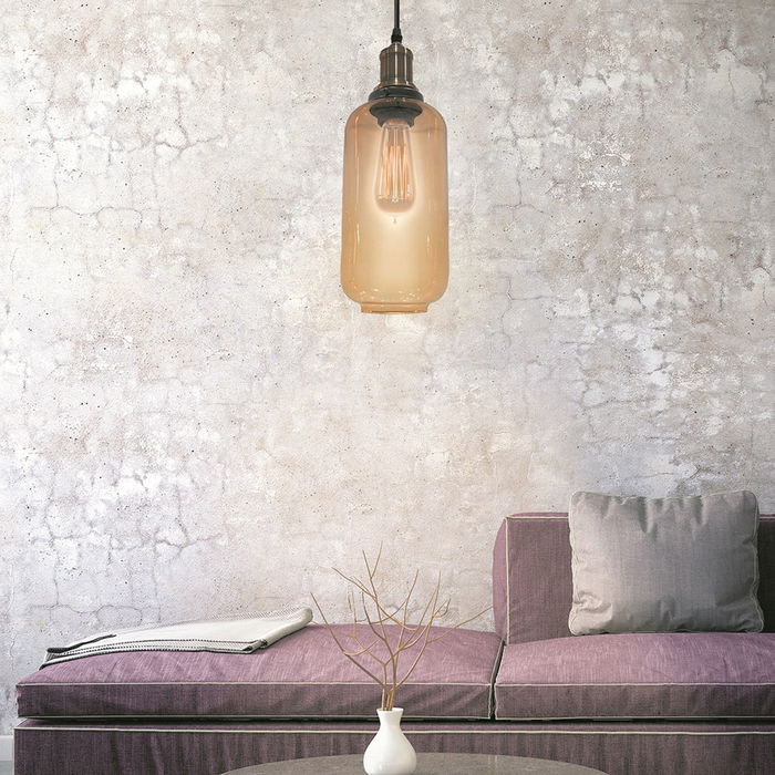 Home Deco Light Lámpara Colgante Cristal Ahumado Ámbar Cilíndrica Retro Contemporáneo 14x27cm Casquillo E27