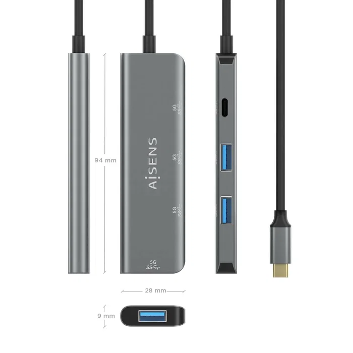 Aisens Hub USB 3.2 Gen 1 con 1 puerto USB-C y 3 puertos USB-A, Gris Aluminio Aisens Hub USB 3.2 Gen 1 con 1 puerto USB-C y 3 puertos USB-A, Gris Aluminio