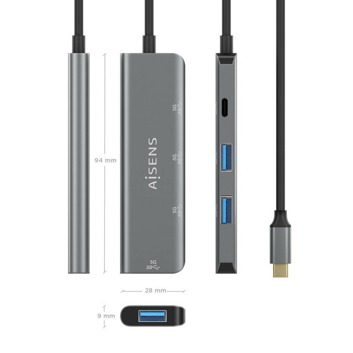 Aisens Hub USB 3.2 Gen1 5G USB-C Gris Aluminio
