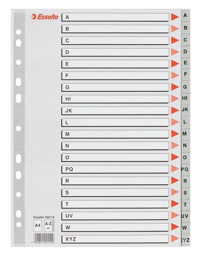 Esselte Separador Alfabético A-Z Gris A4 con 20 Pestañas