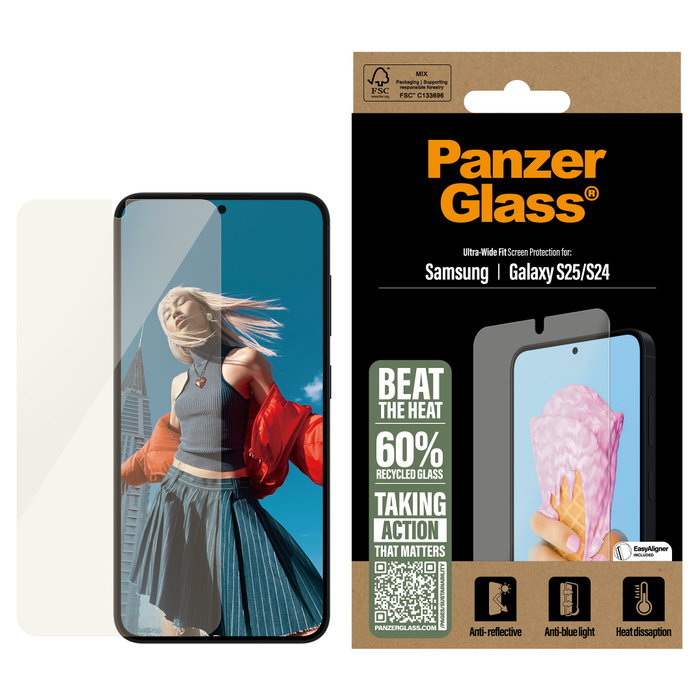 PanzerGlass Protector Pantalla All-in-One Vidrio Templado Samsung Galaxy S25 S24 Ultra Wide Fit, Aplicación en Seco, 1 Pieza