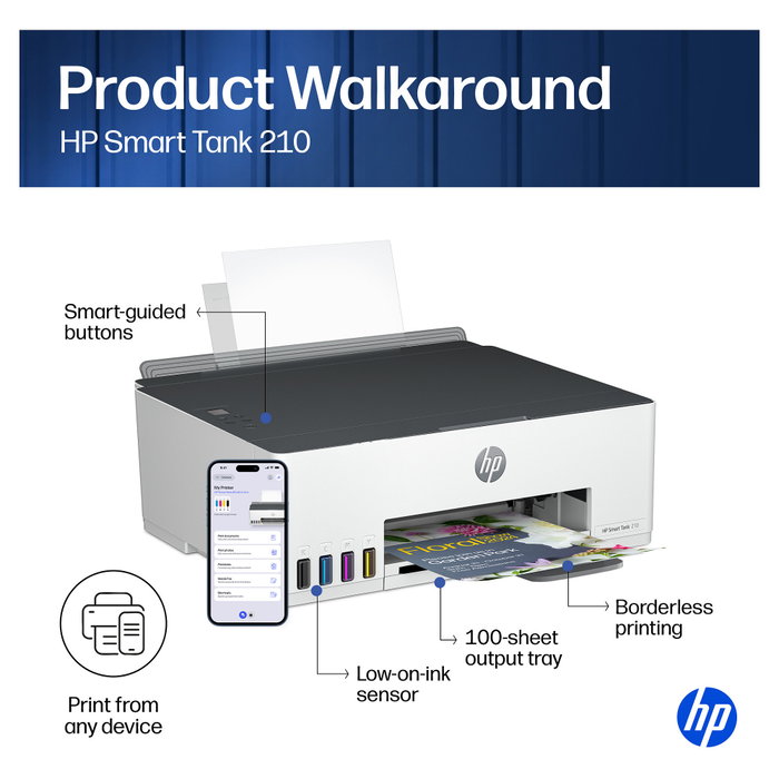 HP Smart Tank 210 Impresora Inalámbrica Color Blanco y Gris