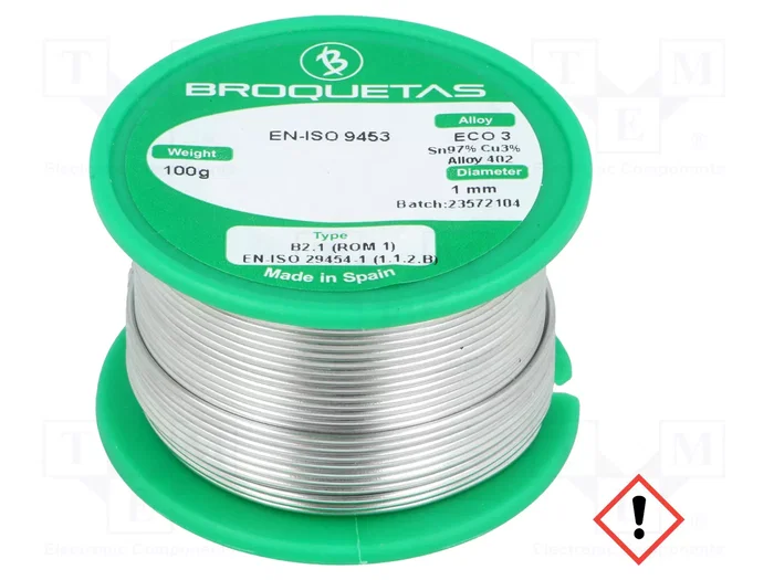 BROQUETAS Estaño Sn97Cu3 1mm 100g Bobina Sin Plomo BROQUETAS Estaño Sn97Cu3 1mm 100g Bobina Sin Plomo