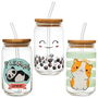 The Concept Factory Vaso 450 ml con Tapa Bambú y Pajita, Vidrio, Colección Kawaii