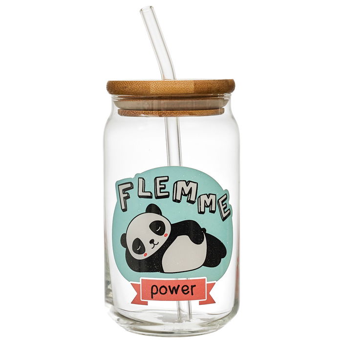 The Concept Factory Vaso 450 ml con Tapa Bambú y Pajita, Vidrio, Colección Kawaii