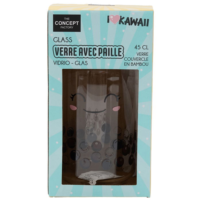 The Concept Factory Vaso 450 ml con Tapa Bambú y Pajita, Vidrio, Colección Kawaii
