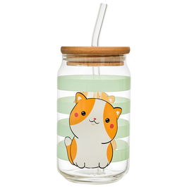 The Concept Factory Vaso 450 ml con Tapa Bambú y Pajita, Vidrio, Colección Kawaii