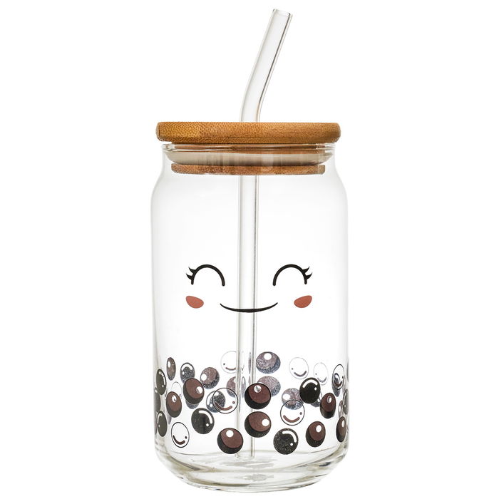 The Concept Factory Vaso 450 ml con Tapa Bambú y Pajita, Vidrio, Colección Kawaii