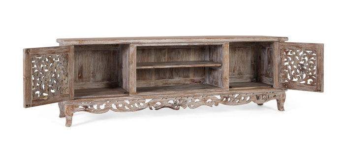 GINER Y COLOMER Mueble TV de teca blanco lavado con tallas artesanales GINER Y COLOMER Mueble TV de teca blanco lavado con tallas artesanales