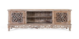GINER Y COLOMER Mueble TV de teca blanco lavado con tallas artesanales