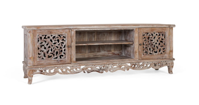 GINER Y COLOMER Mueble TV de teca blanco lavado con tallas artesanales GINER Y COLOMER Mueble TV de teca blanco lavado con tallas artesanales