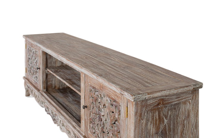 GINER Y COLOMER Mueble TV de teca blanco lavado con tallas artesanales GINER Y COLOMER Mueble TV de teca blanco lavado con tallas artesanales