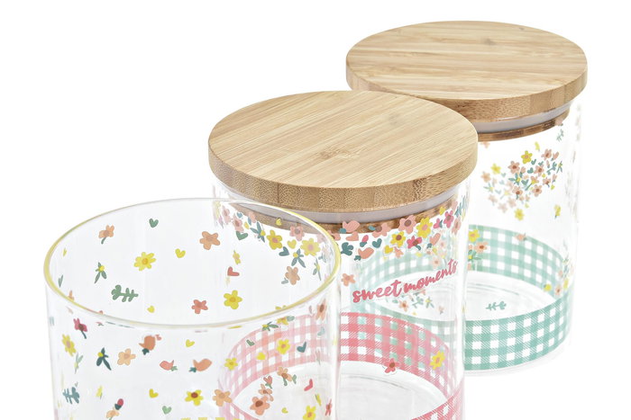 DKD Home Decor Bote Shabby Vichy Sweet Borosilicato Bambú 700ml Verde, Rojo, Amarillo Apto Microondas Lavavajillas 12 Unidades