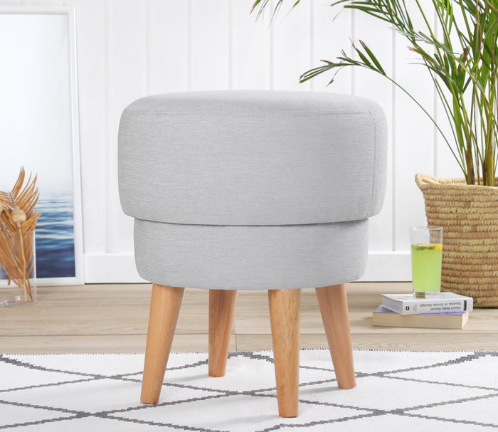 Atelier Del Sofa Puf Gris Claro, Tejido 100% Lino, Esponja Ortopédica 35 DNS, Patas Madera Haya, Altura 51 cm, Diámetro 47 cm