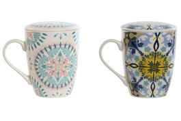 DKD Home Decor Mug Infusiones Mediterraneo Blanco Azul Porcelana/Inox 2 Unidades 6 x 10.5 x 8.3 cm