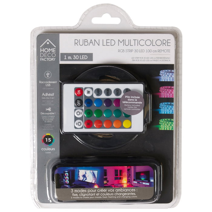 Home Deco Factory Tira LED 1 Metro con Mando, 15 Colores, Adhesiva y Recortable para Decoración
