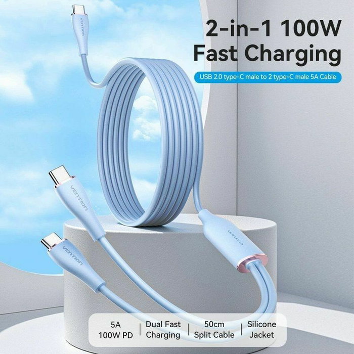 Vention Cable USB-C Macho a 2x USB-C Macho, 100W, 1.5m, Azul