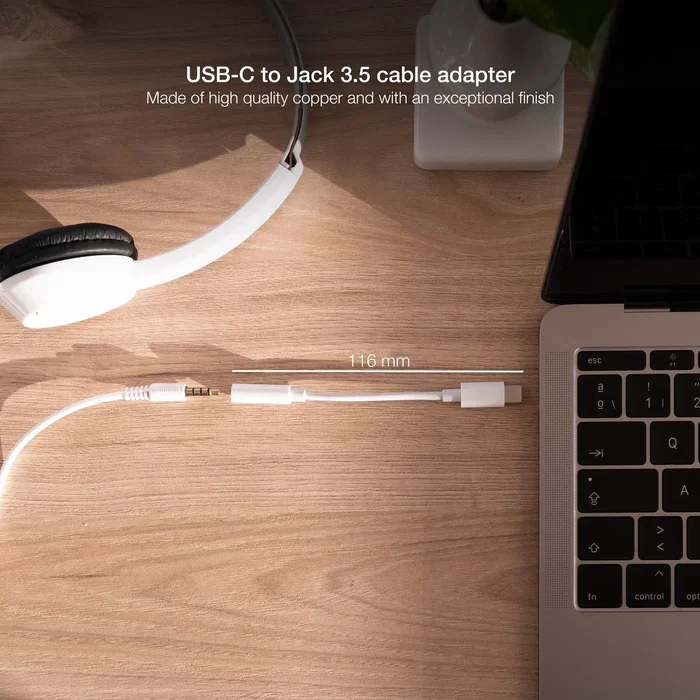 Nanocable 10.24.1205-W Adaptador USB-C a Jack 3.5 Hembra, Cable de Audio de 0.11m (11 cm) para Auriculares, Blanco