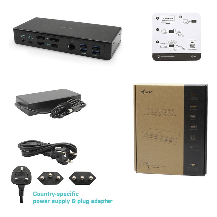 I-TEC Docking Station USB-C Quattro Display, 85W PD, 4 Puertos HDMI/DP, Ethernet 1Gb, 7x USB, Negro