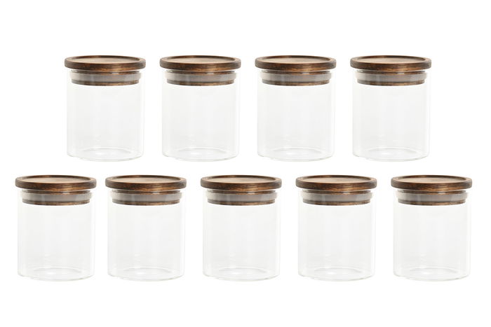 DKD Home Decor Especiero Set de 9 Piezas Natural Cristal y Acacia 25.6 x 16 x 24 cm