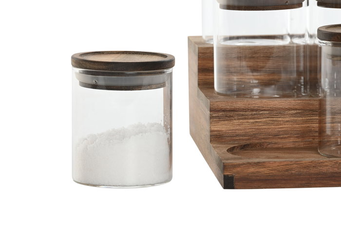 DKD Home Decor Especiero Set de 9 Piezas Natural Cristal y Acacia 25.6 x 16 x 24 cm