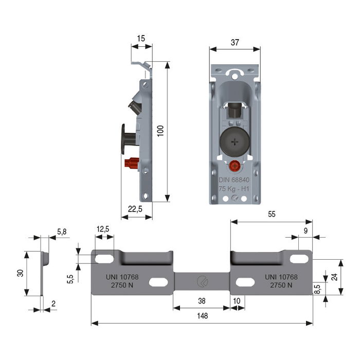 ITALIANA FERRAMENTA Colgador Libra H1 Zincado con Placa Fijación Por Tornillos (2 Colgadores + 1 Placa Doble) Capacidad 150kg