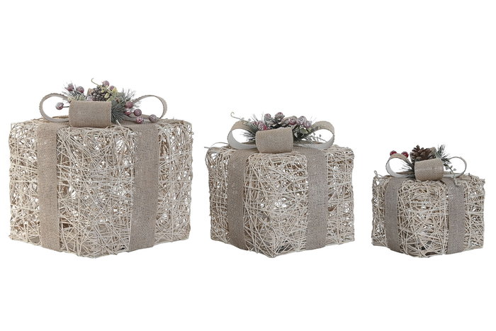 DKD Home Decor Regalo Navidad Set de 3 Piezas LED Ratan Crema 26 x 30 x 26 cm (2 Unidades)