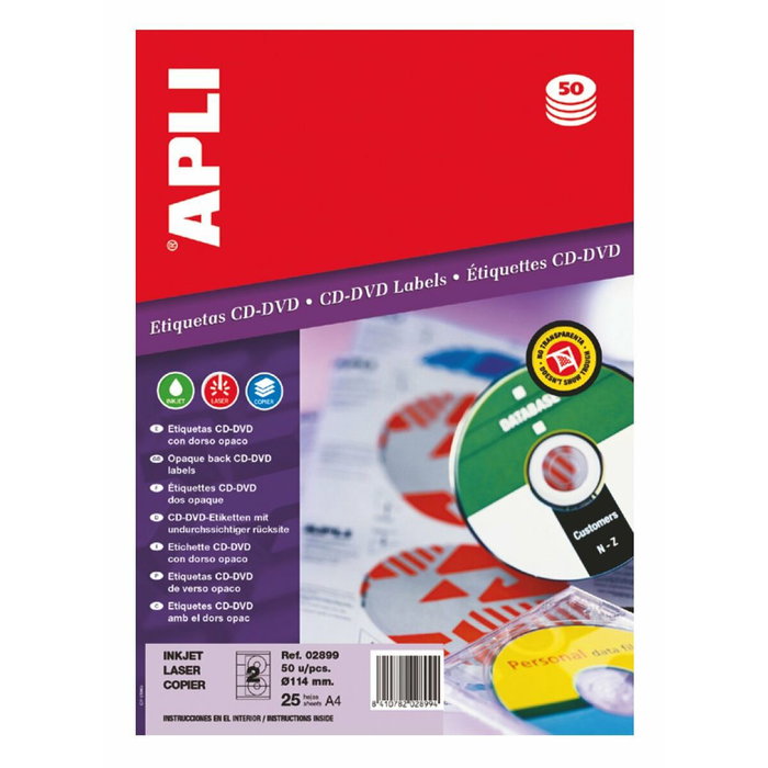 Apli Etiquetas Adhesivas para CD-DVD Tamaño Clásico con Dorso Opaco