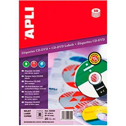 Apli Etiquetas Adhesivas para CD/DVD, Tamaño Clásico, Dorso Opaco, Inkjet/Láser, 2 x 25 Hojas Apli Etiquetas Adhesivas para CD/DVD, Tamaño Clásico, Dorso Opaco, Inkjet/Láser, 2 x 25 Hojas