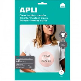 Apli Papel Transfer A4 para Impresoras Inkjet, 10 Hojas para Prendas Blancas