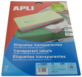 APLI Etiquetas Autoadhesivas de Poliéster Transparente Brillo para Inkjet A4