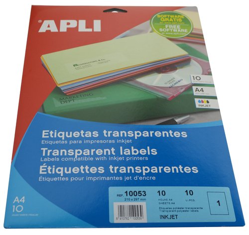 Apli Etiquetas Adhesivas de Poliéster Transparente para Ink-jet 210x297 mm