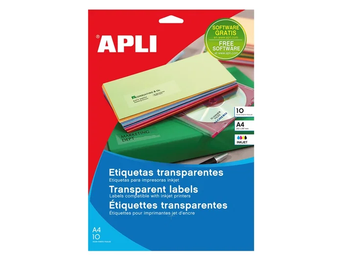 Apli Etiquetas Adhesivas Transparentes Poliester para Impresora Ink-jet 210x297 mm en Carpetas de 10 Hojas