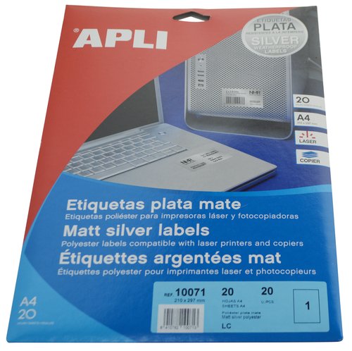 Apli Etiquetas Adhesivas de Poliéster Metalizado Plata 210x297 mm Apli Etiquetas Adhesivas de Poliéster Metalizado Plata 210x297 mm