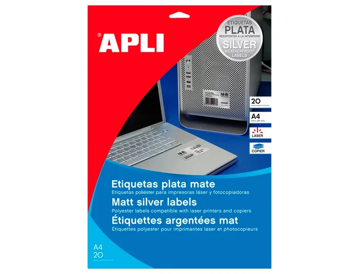 Apli 10071 Etiquetas Adhesivas Metalizadas 210x297 mm para Fotocopiadora Láser Caja 20 Hojas