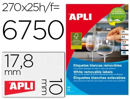 Apli 10197 Etiquetas Adhesivas 17,8x10 mm Removible para Fotocopiadora Láser Ink-Jet Caja 25 Hojas Apli 10197 Etiquetas Adhesivas 17,8x10 mm Removible para Fotocopiadora Láser Ink-Jet Caja 25 Hojas