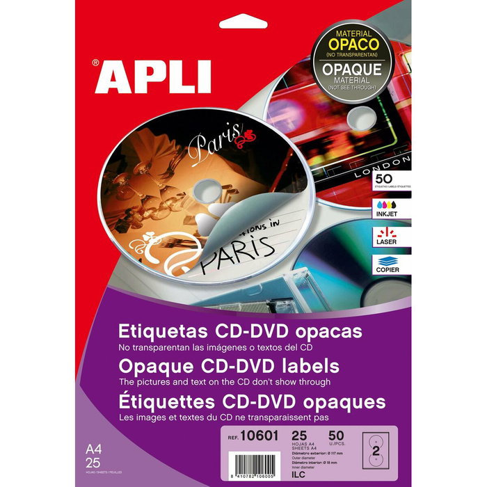 Apli Etiquetas Adhesivas para CD/DVD Tamaño Mega Dorso Opaco Blanco