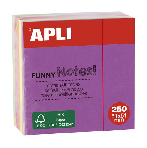 Apli Cubo de Notas Adhesivas Funny 51x51 mm Colores Fluorescentes Surtidos Apli Cubo de Notas Adhesivas Funny 51x51 mm Colores Fluorescentes Surtidos