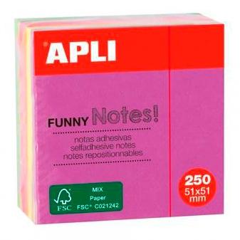 APLI Cubo de notas adhesivas Funny 51x51mm, 250 hojas, colores fluorescentes surtidos