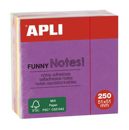 APLI Cubo de notas adhesivas Funny 51x51mm, 250 hojas, colores fluorescentes surtidos