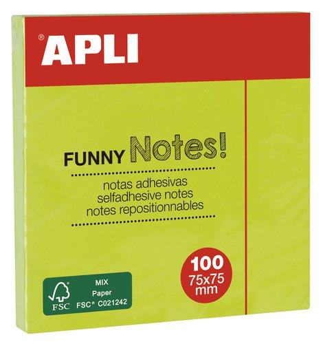 APLI Taco de Notas Adhesivas Funny 76x76 mm Verde Neón (Set de 12) APLI Taco de Notas Adhesivas Funny 76x76 mm Verde Neón (Set de 12)