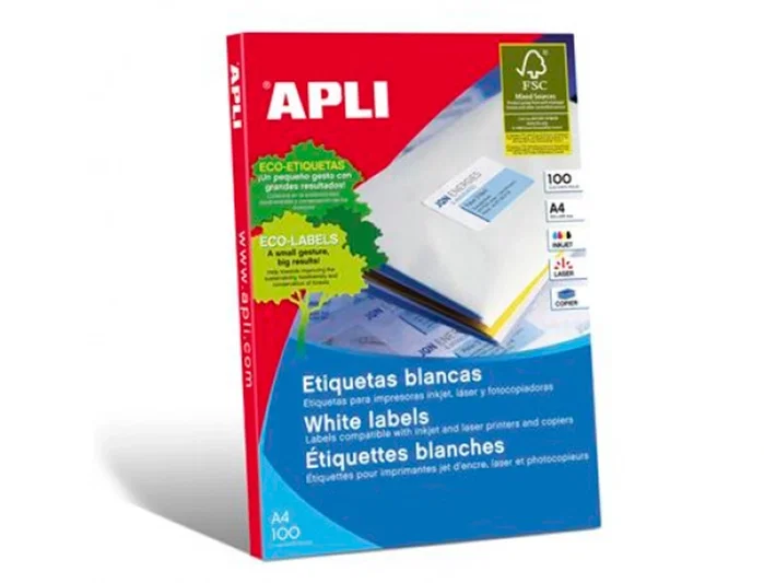 Apli Etiquetas Adhesivas A4 Blancas Cantos Rectos 100 Hojas
