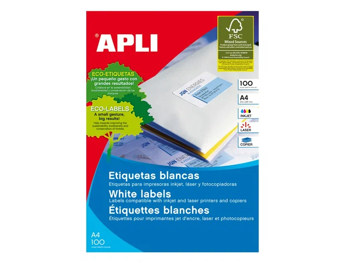 Apli Etiquetas Adhesivas Blancas 38x21,2 mm C-Rectos 65 X 100H Inkjet-Láser