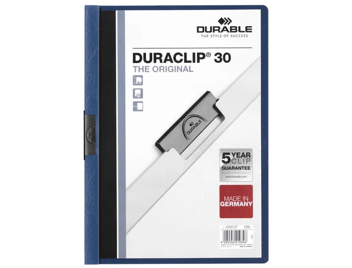 Durable Carpeta Duraclip Dossier con Pinza Lateral Azul Oscuro, Capacidad 30 Hojas, Formato Din A4